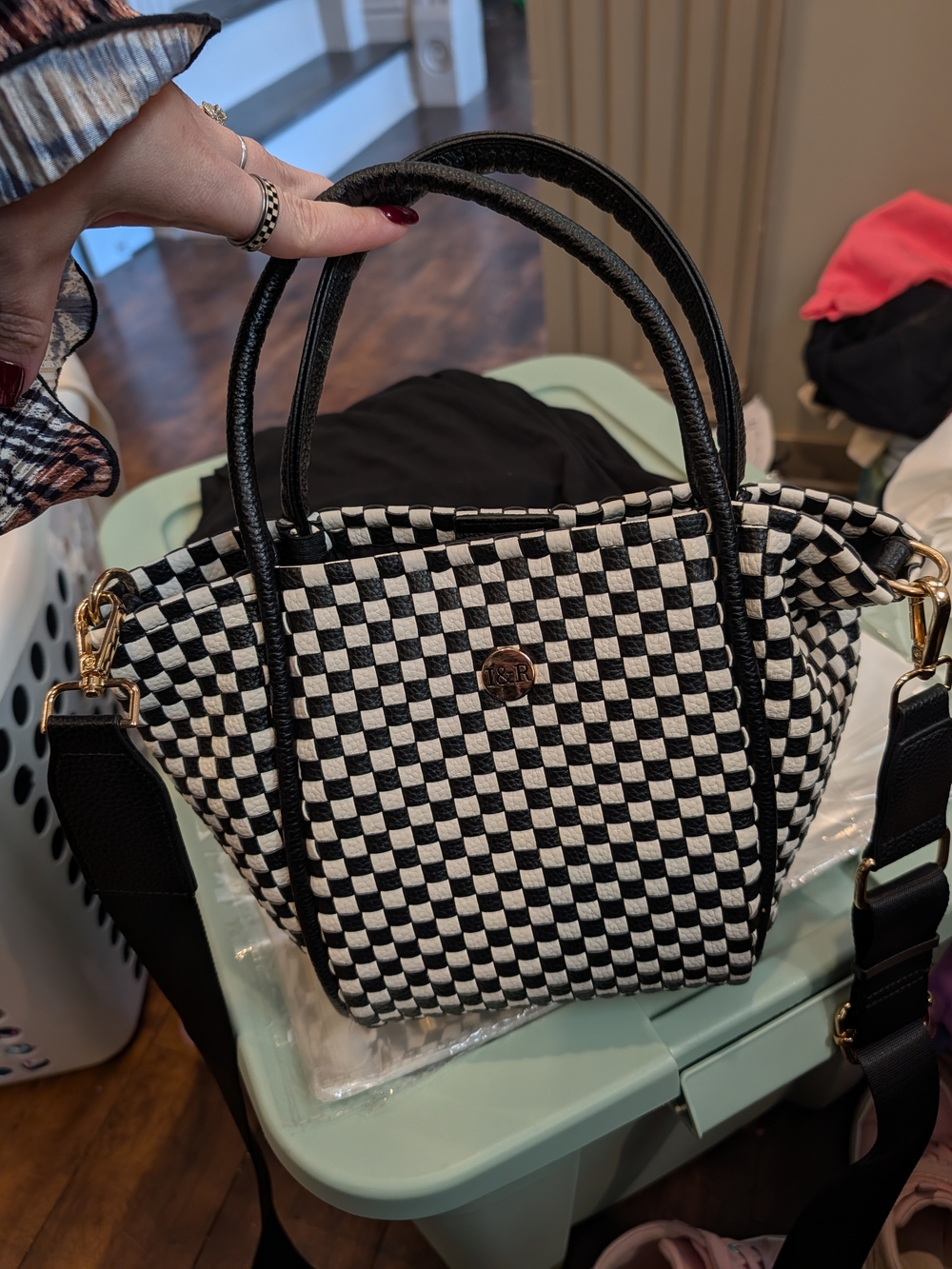 Black & White Checker Mini Tote with Gold Accent